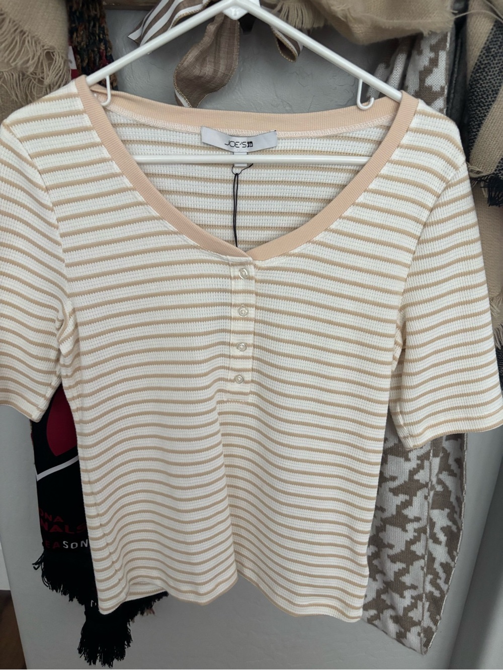 Joe's Jeans Cream & Beige Striped Ribbed Short Sleeve Top